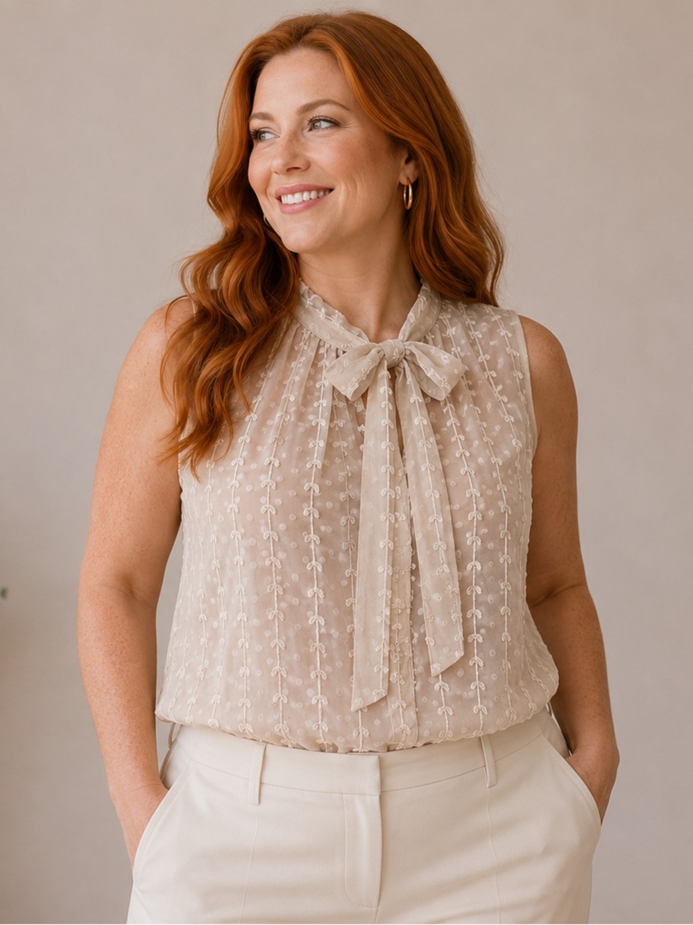 Sleeveless Tie-Neck Embroidered Camisole - Cream